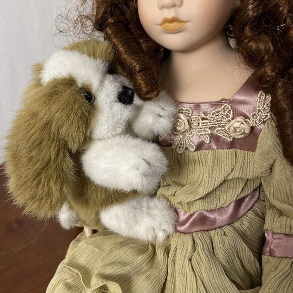 Christmas Around the World Porcelain Doll Victorian Girl Celine Shiloh Plush Dog - Picture 4 of 5